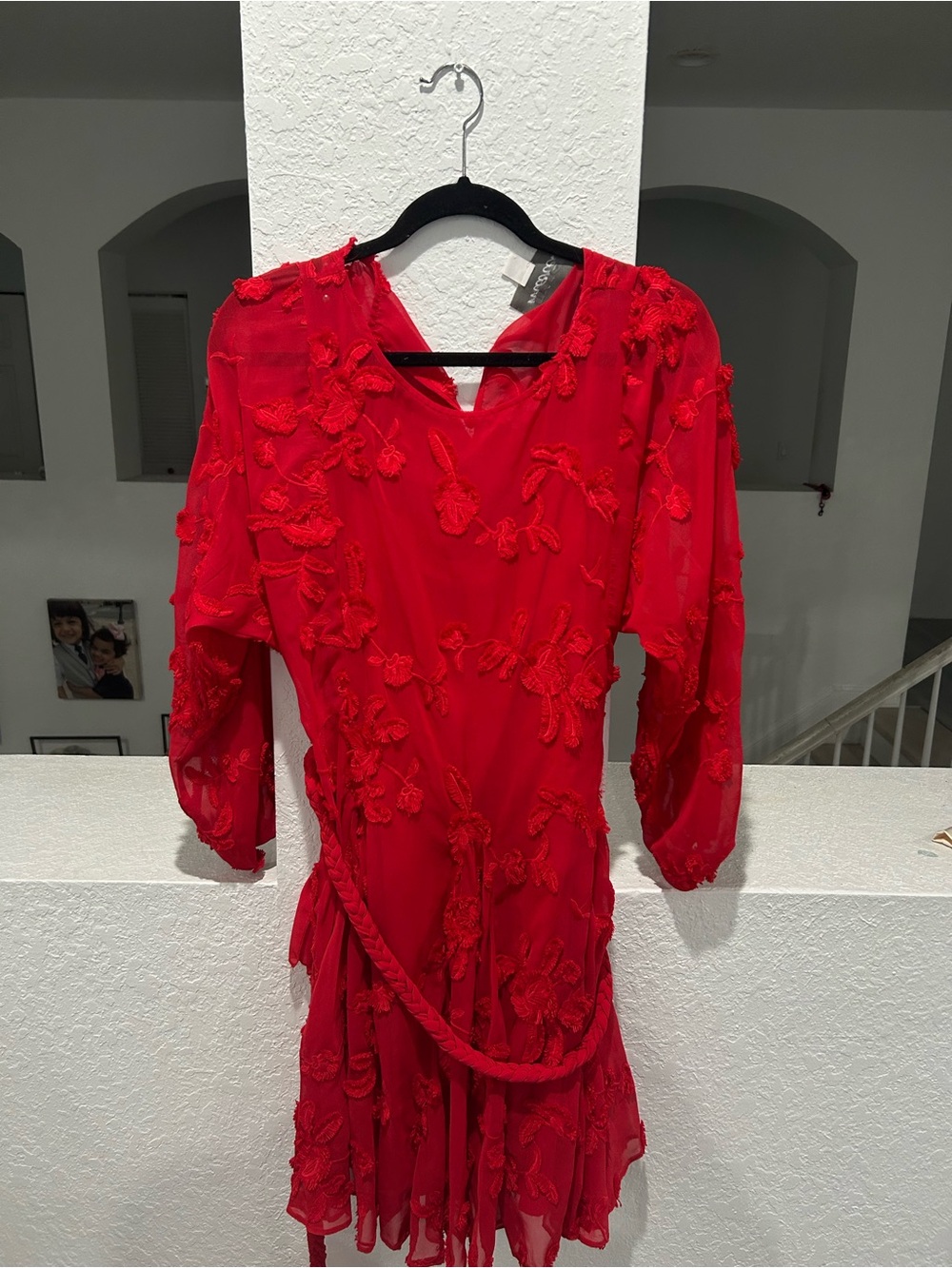Women's Red Embroidered V-Neck Midi Dress with Waist Tie